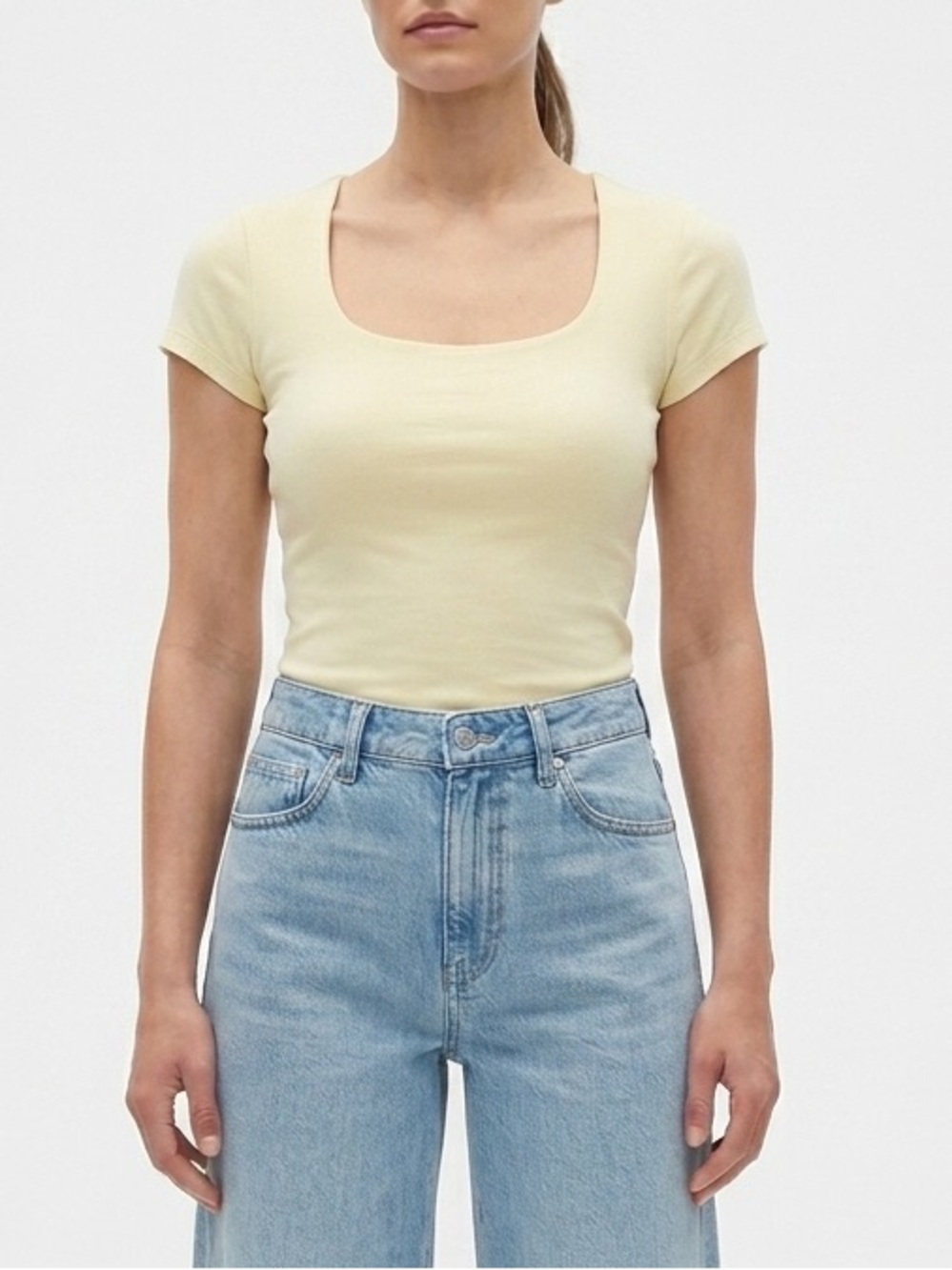 Butter Yellow Scoop Neckline Short Sleeves Double Layer Top Size M